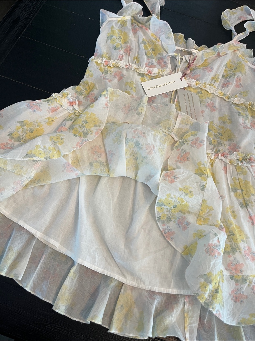 Love Shack Fancy Frista Sherbet Sunrise Dress with pink and yellow floral - Picture 3 of 6